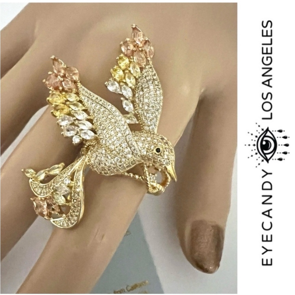NWT EYE CANDY LA GOLD TONE LARGE BIRD BRASS CZ RING ADJUSTABLE